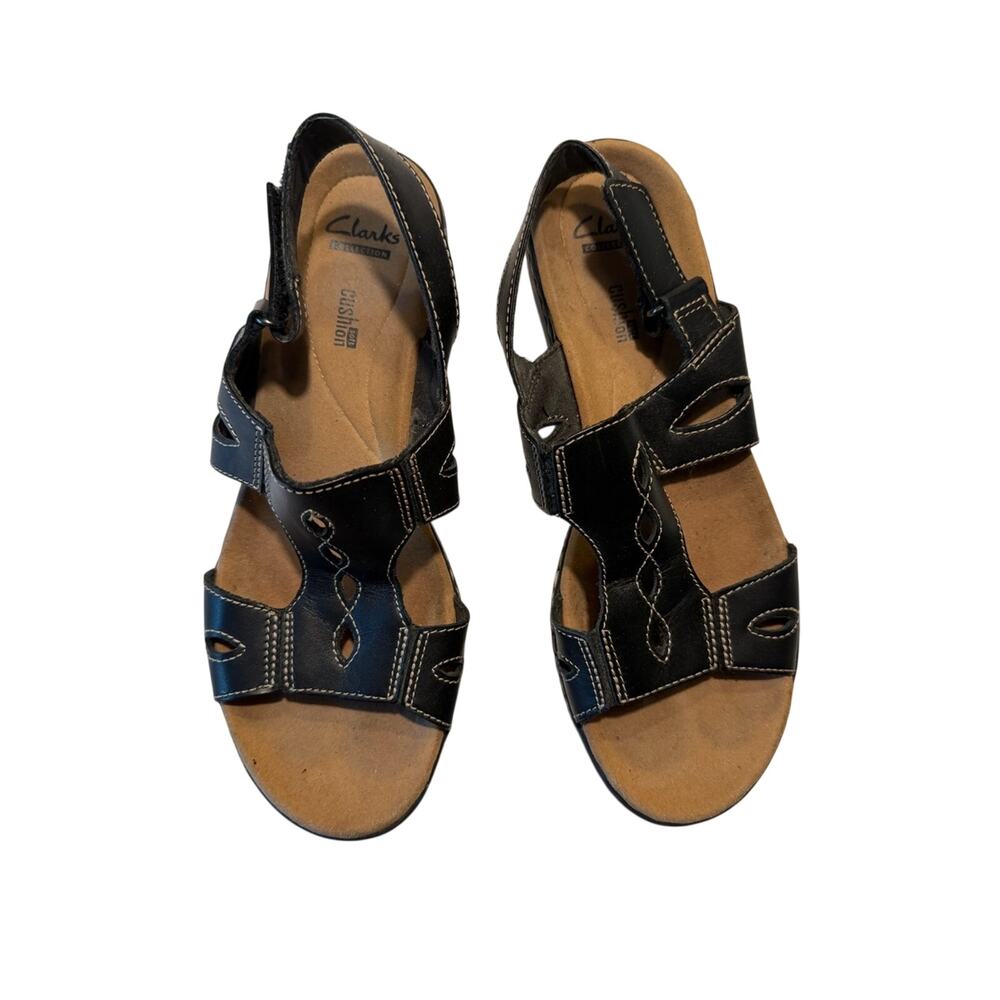 Clarks Black Leather Cutout Strap Leisa Lakelyn Flat Sandals